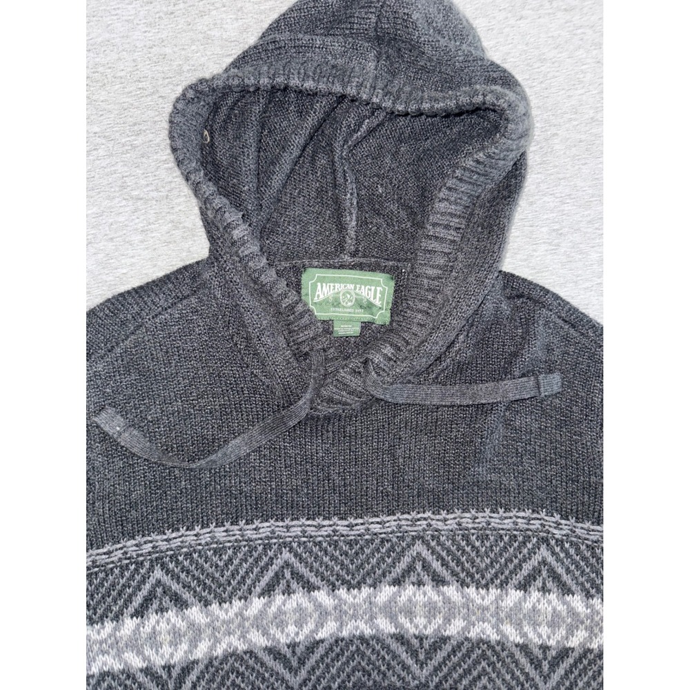 American Eagle Mens Gray Fair Isle Hoodie Sweater Size Medium Acrylic Blend